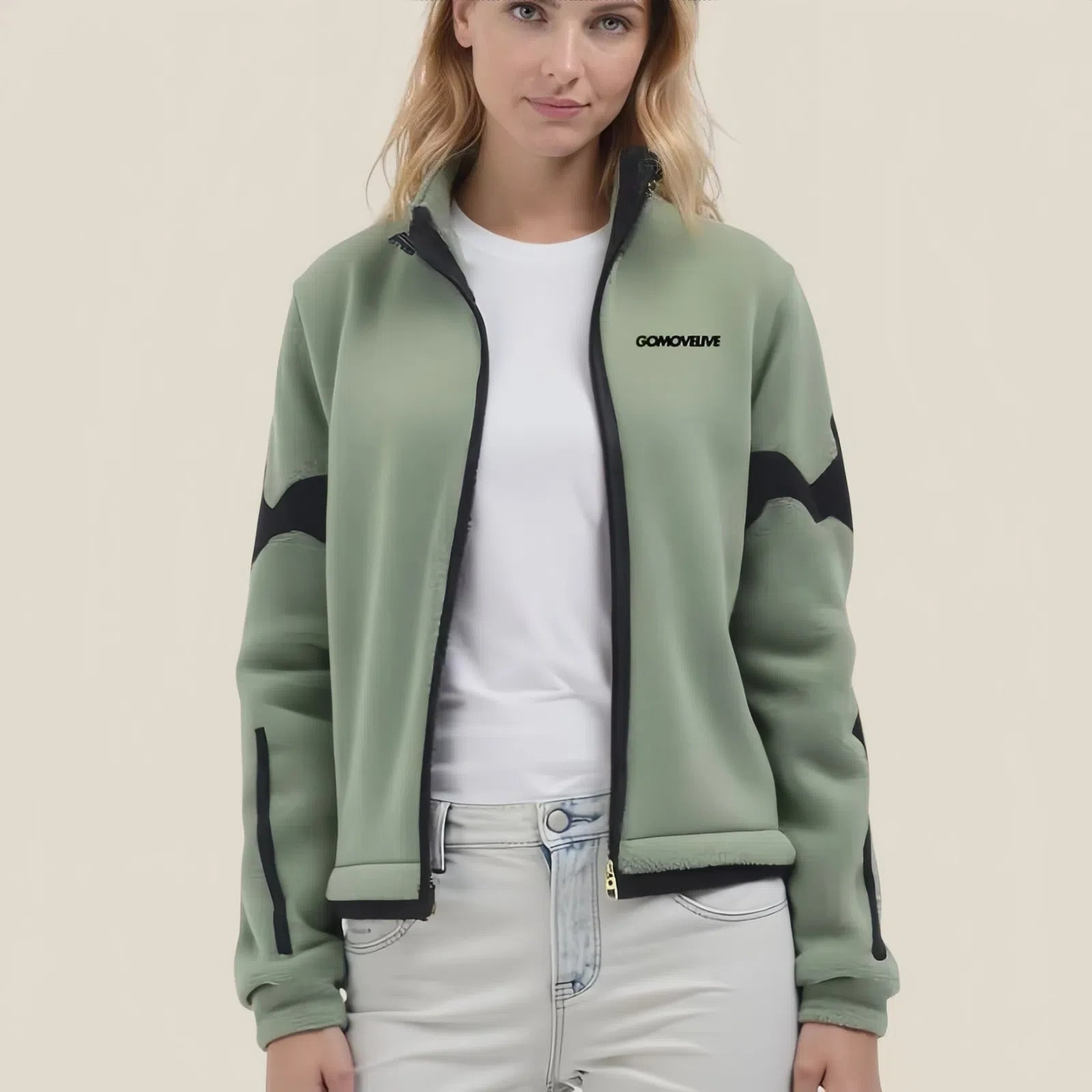 Sage Green Fleece Jacket with Black Graphic Details