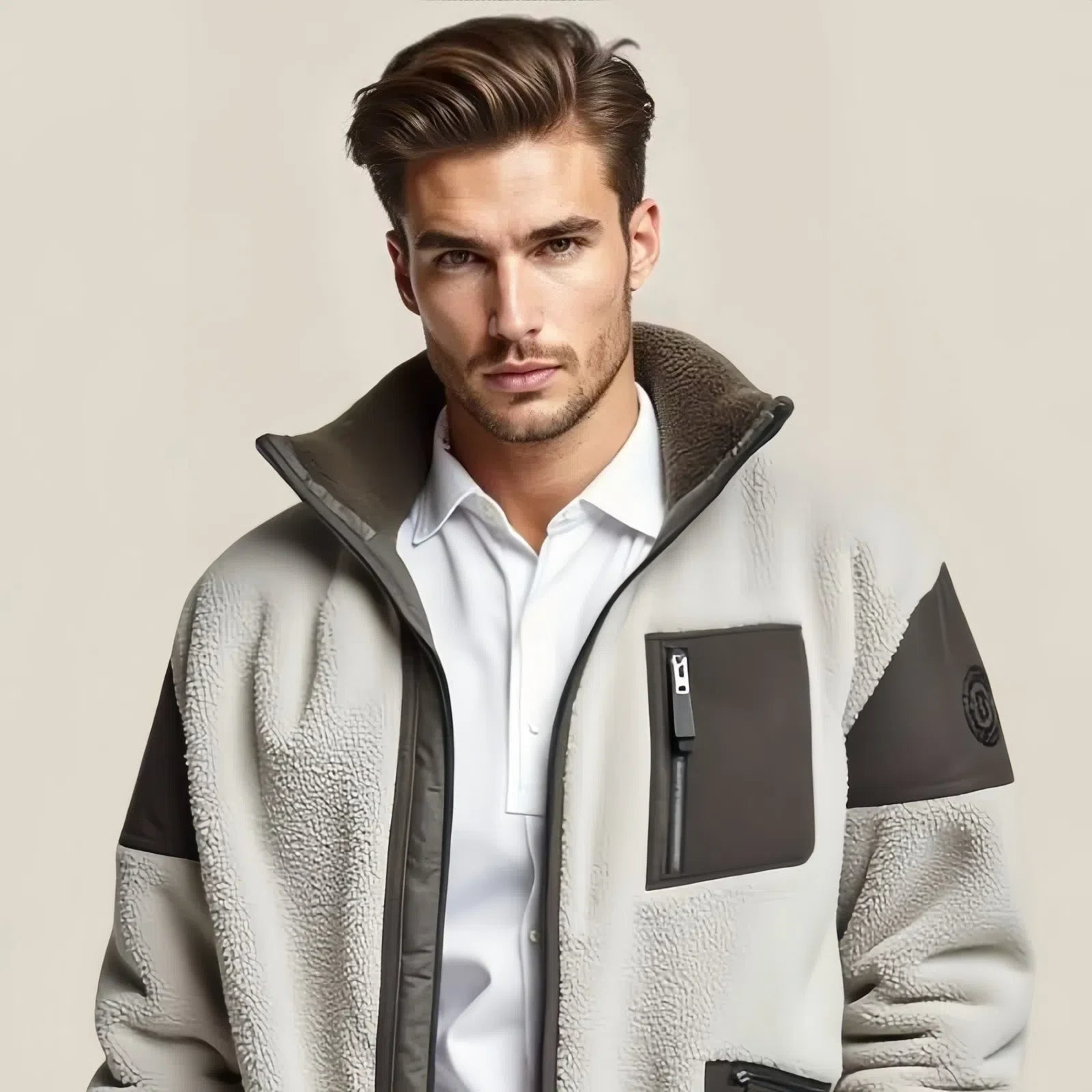 Light Teddy Bear Jacket with Contrasting Faux Leather Details
