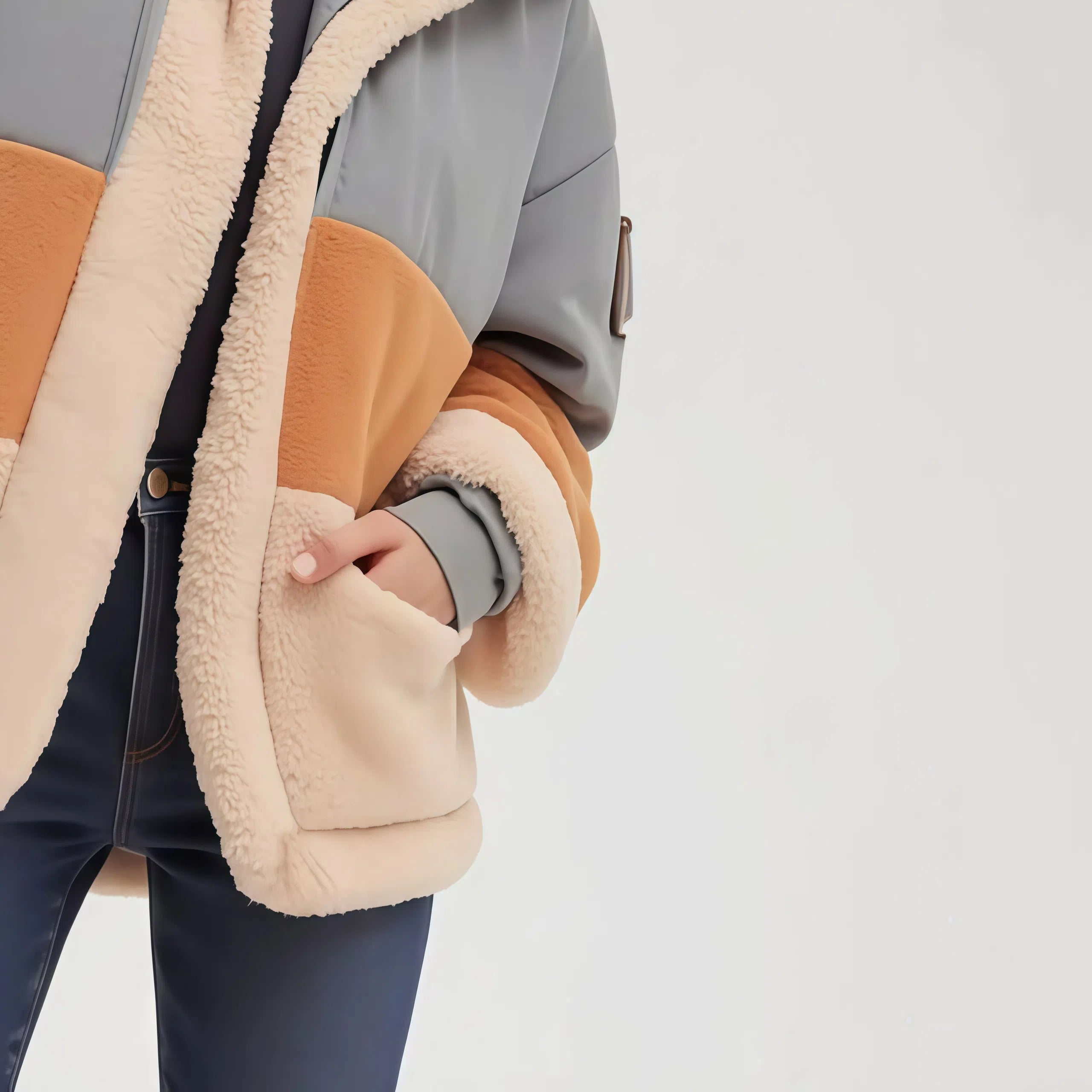 Arctic Blend – Giacca Oversize con Cappuccio in Pile Beige, Tan e Grigio con Dettagli Arancioni