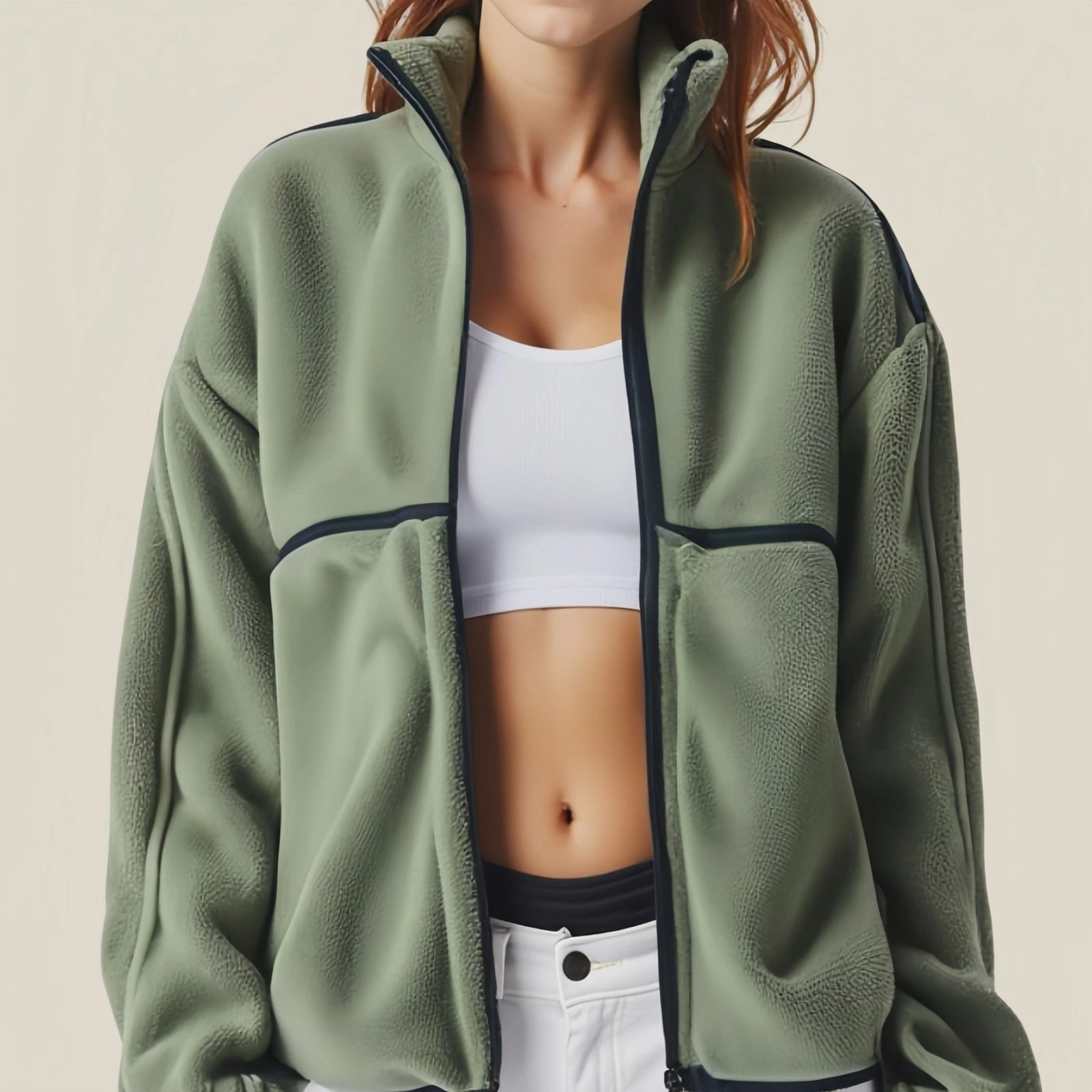 Evergreen Zip Fleece – Green Technical Jacket with Oversized Pockets and Contrast Cuffs