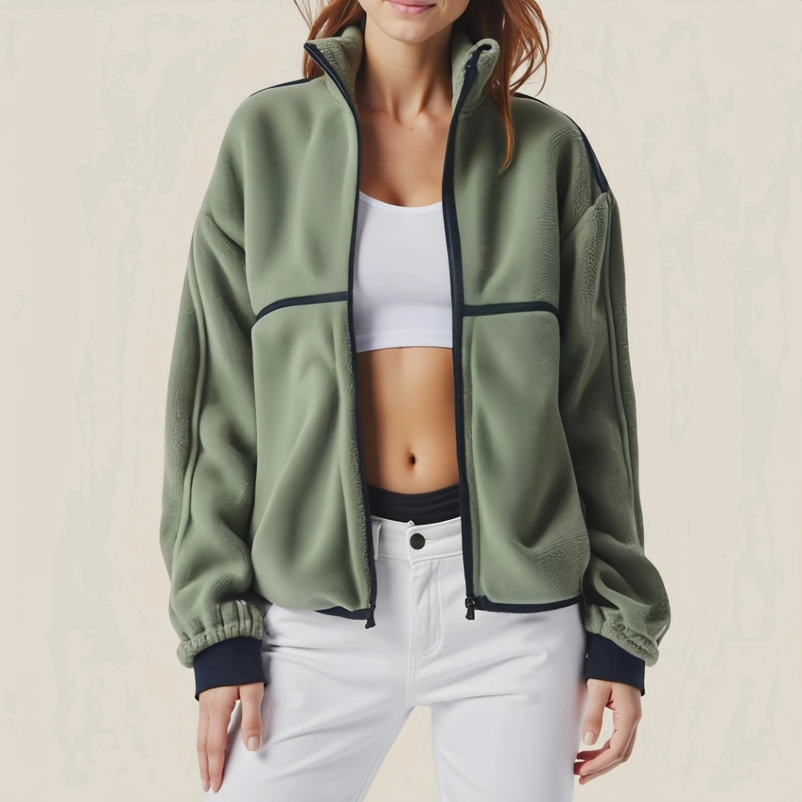Evergreen Zip Fleece – Green Technical Jacket with Oversized Pockets and Contrast Cuffs
