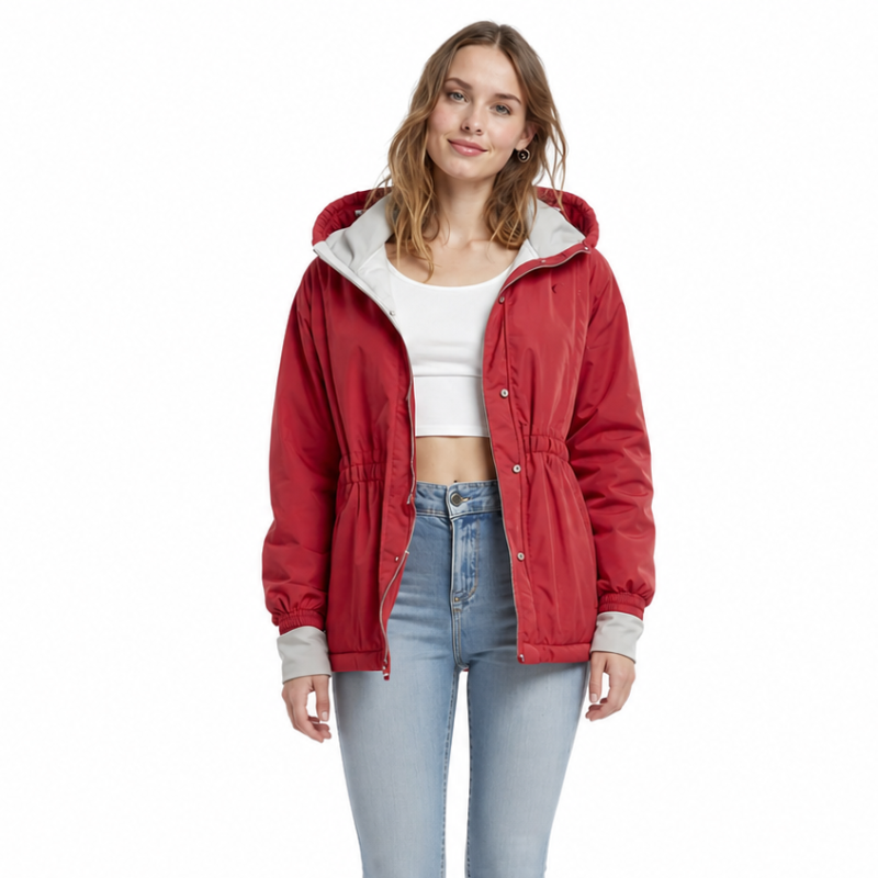 Crimson Drift – Red Hooded Jacket with Grey Lining and Contrast Cuffs