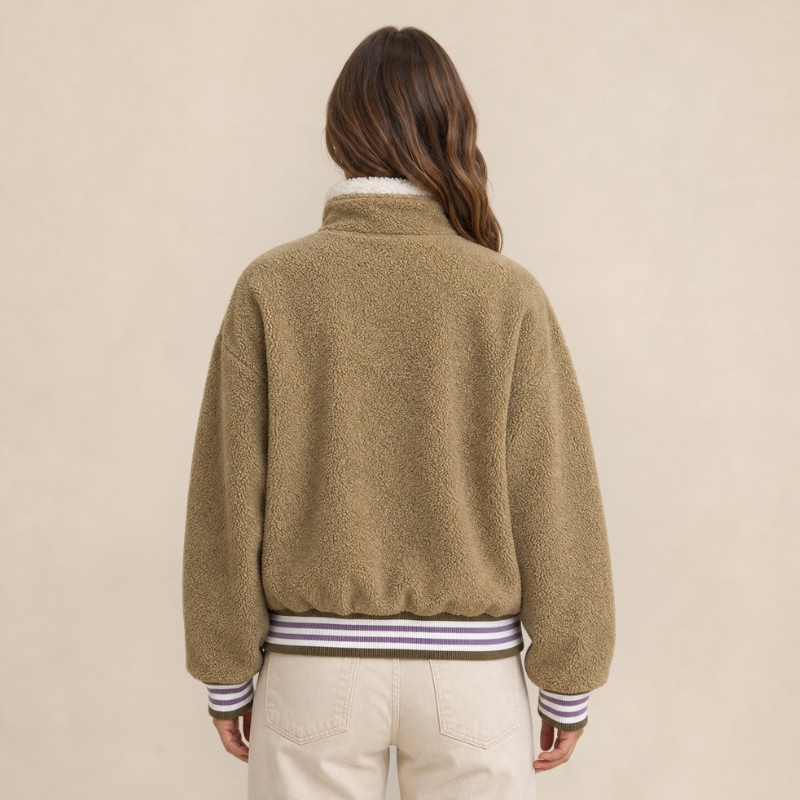 Blouson aviateur en polaire beige avec détails rayés