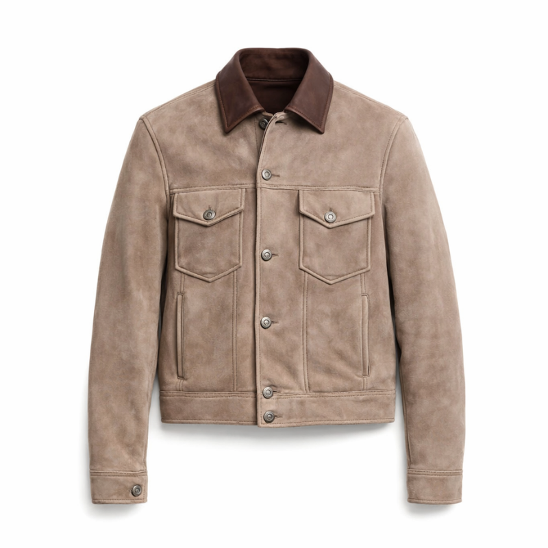 Giacca in Suede Beige e Pelle Bovina
