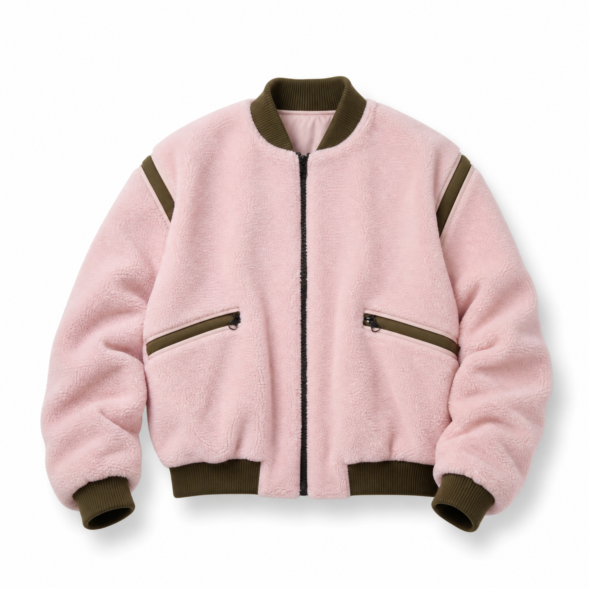 Blush Terrain – Pink Teddy Bomber Jacket with Olive Green Details and Urban Lines