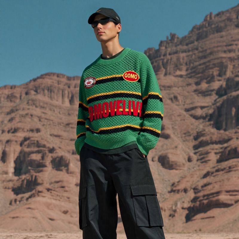 Gomovelive Stripes – Long-Sleeved Crochet Sporty Sweatshirt
