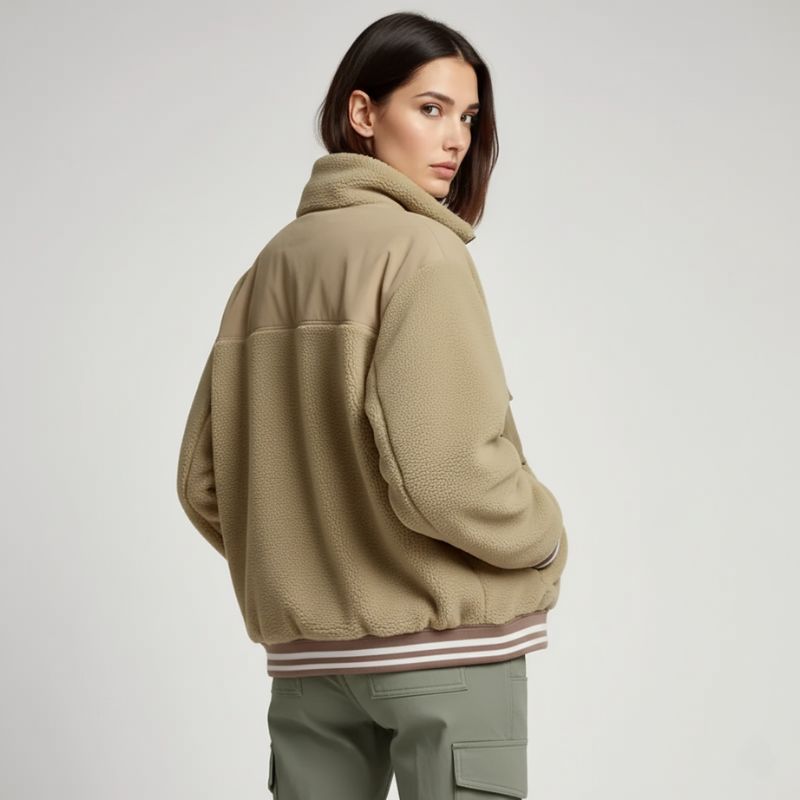 Beige Fleece Bomber Jacket with Striped Details