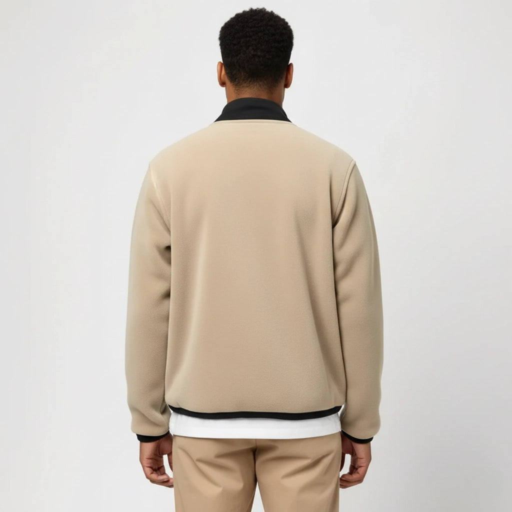 Beige Fleece Jacket with Black Zip and Embroidery on the Chest