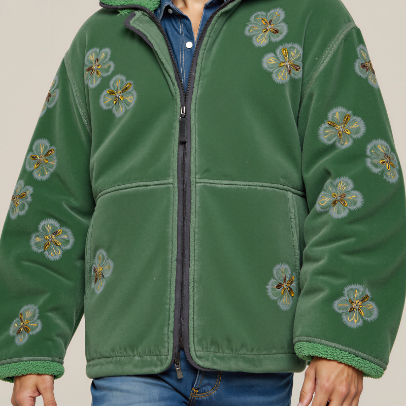 Altai Floral Fleece – Green Technical Jacket with Traditional Mongolian Embroidered Motifs