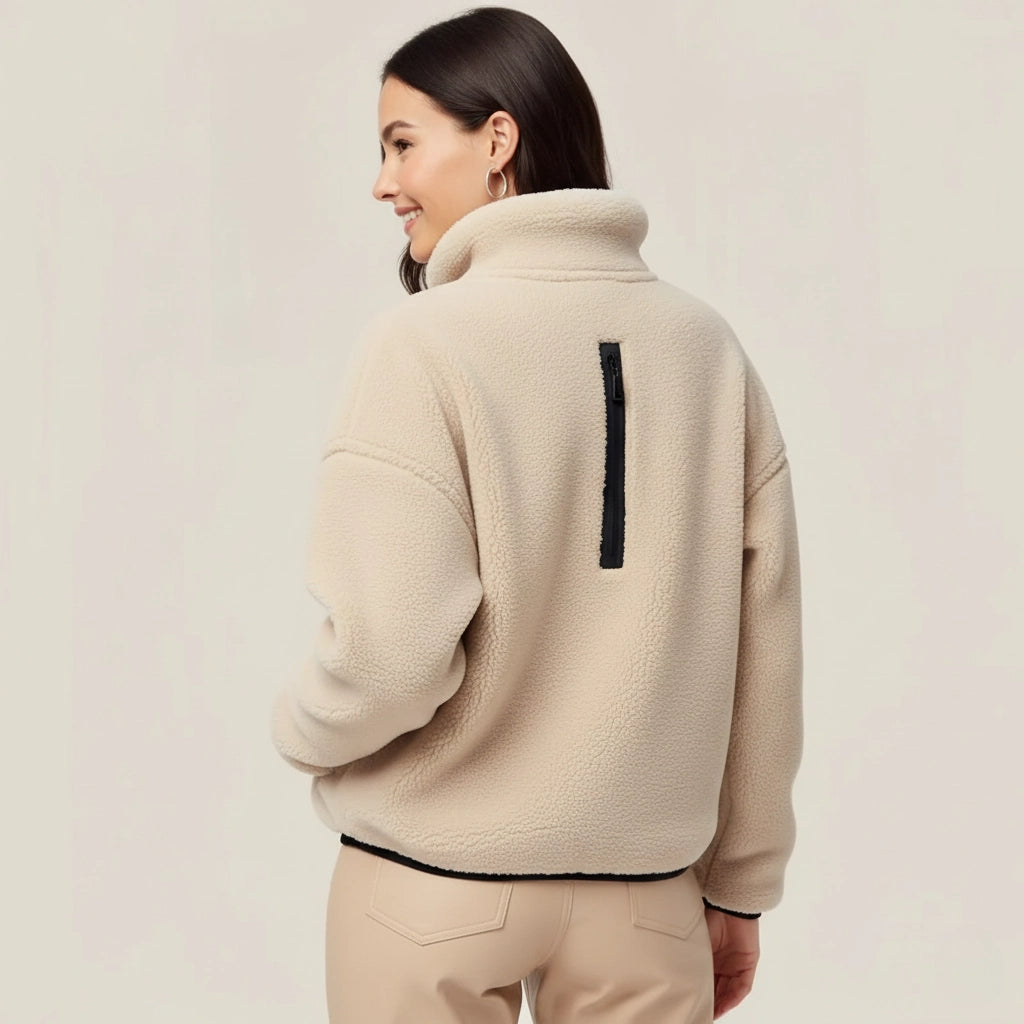 Cream Fleece Jacket with Black Details - Casual Elegance