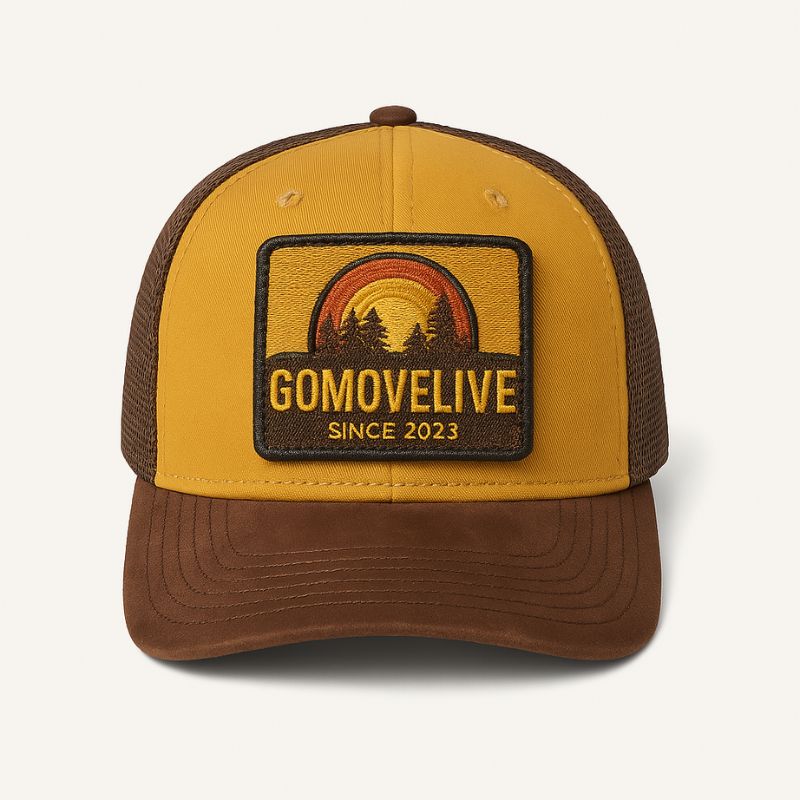 Vintage forest – cappellino trucker giallo e marrone con grafica paesaggistica
