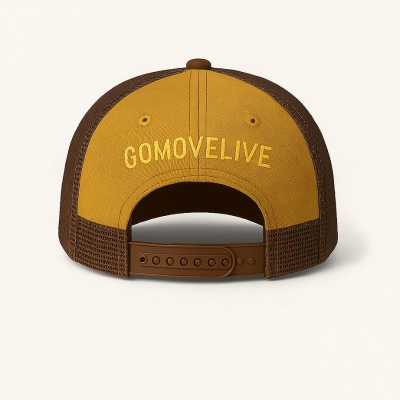 Vintage forest – cappellino trucker giallo e marrone con grafica paesaggistica