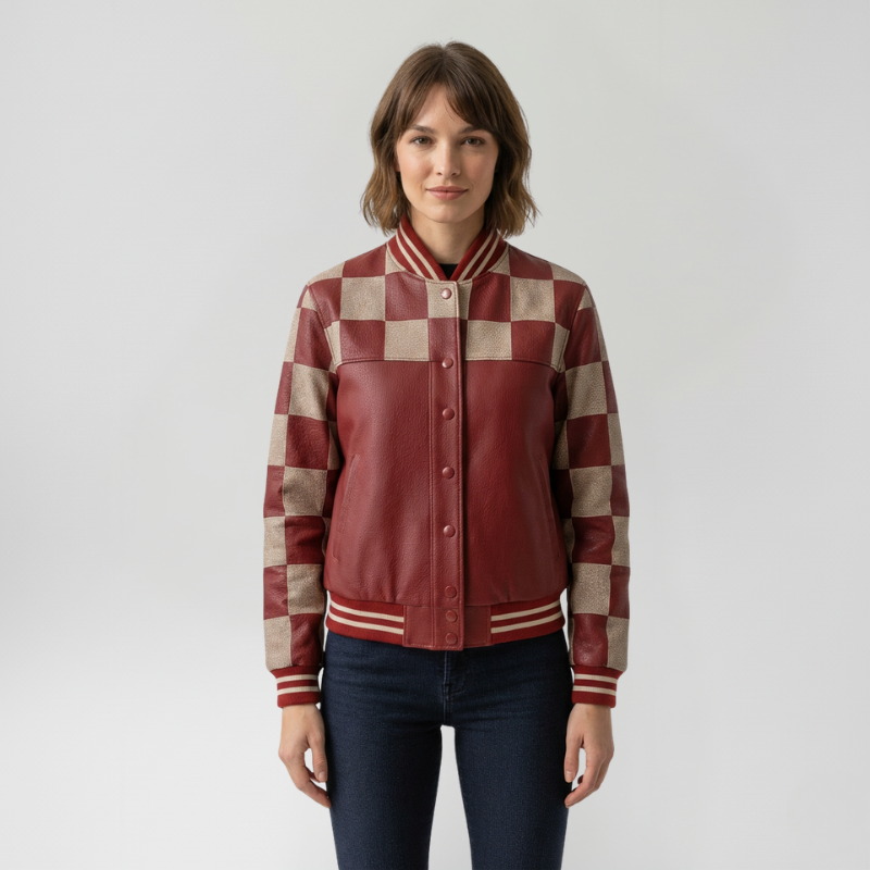 “Gridline Rebel” – Varsity in pelle con stampa checker e taglio sportivo sartoriale