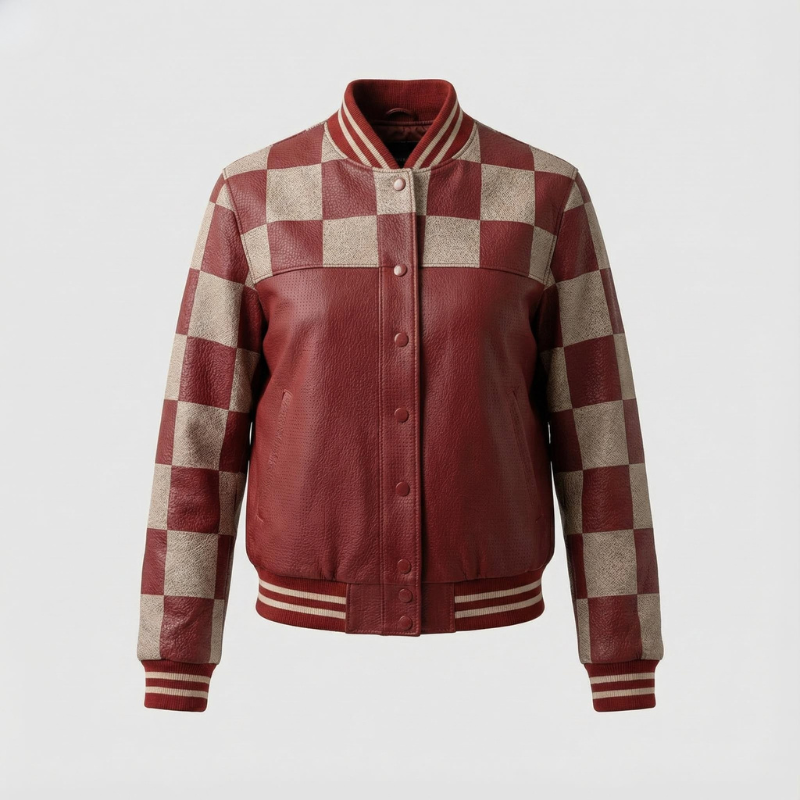 “Gridline Rebel” – Varsity in pelle con stampa checker e taglio sportivo sartoriale