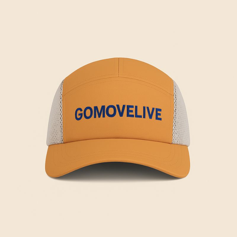 Urban Aurora – Orange and Beige Trucker Hat with Blue Gomovelive Logo