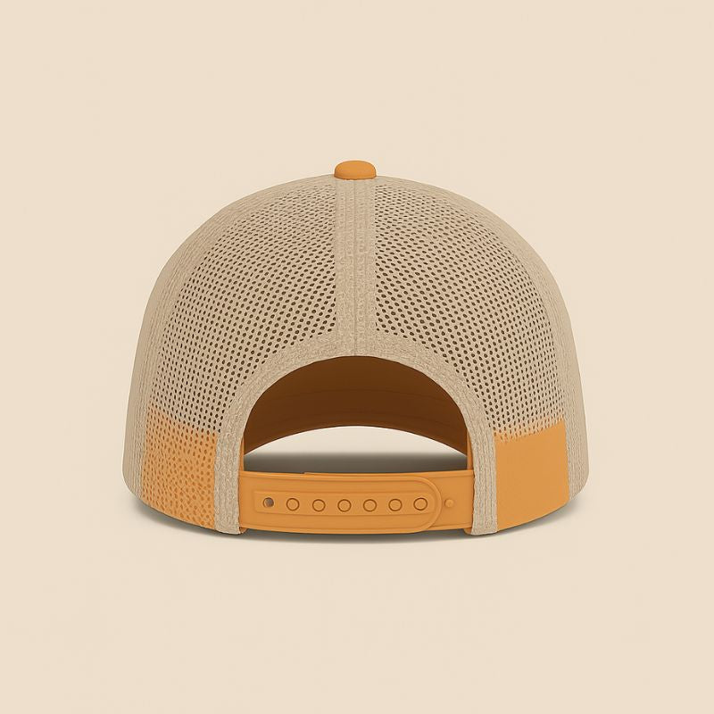 Urban Aurora – Orange and Beige Trucker Hat with Blue Gomovelive Logo