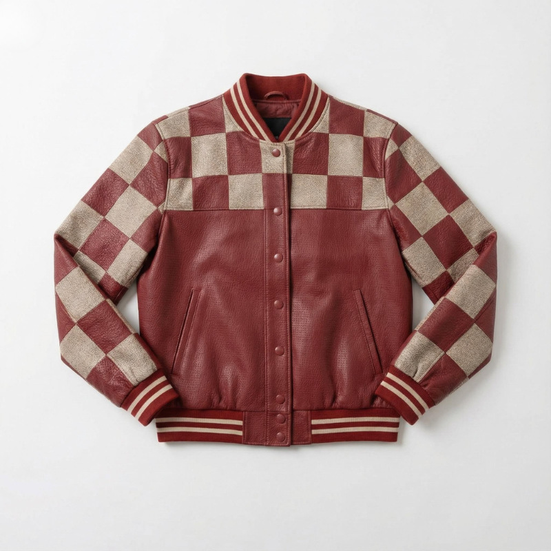 “Gridline Rebel” – Varsity in pelle con stampa checker e taglio sportivo sartoriale