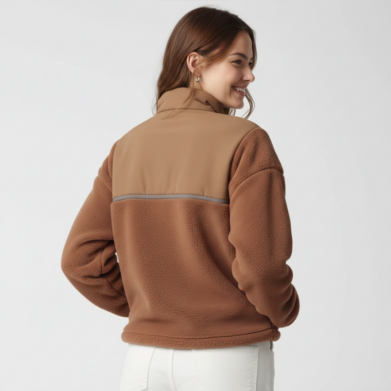Gomovelive 2024 – Two-Tone Brown and Beige Fleece Jacket with Front Zip