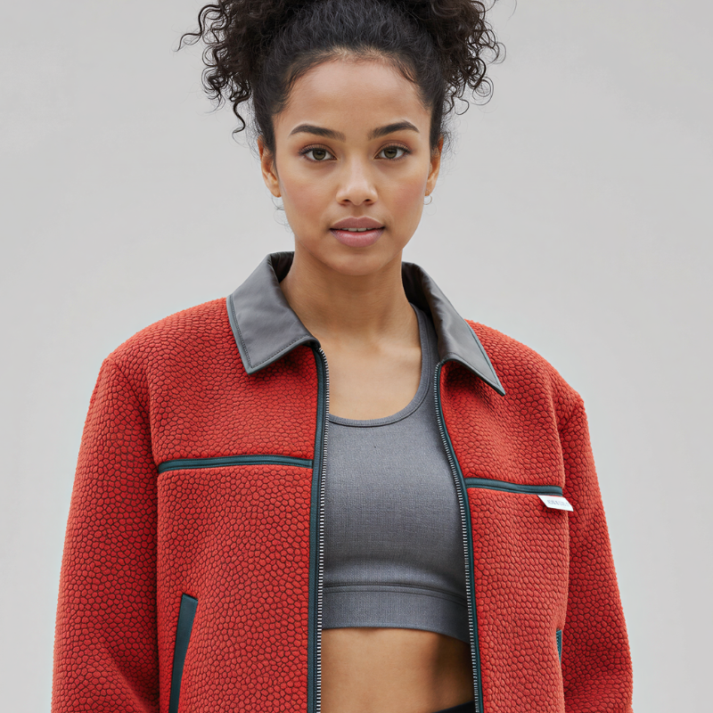 Giacca sportiva in sherpa rosso con dettagli in pelle e finiture sartoriali