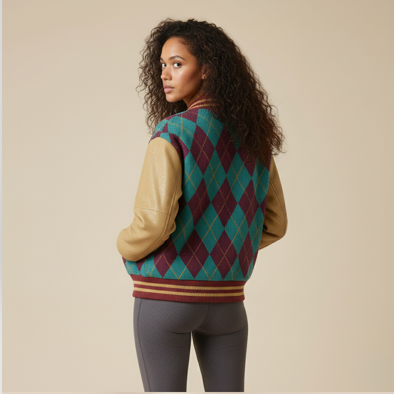 « Argyle Impact » – Veste universitaire en cuir à motif géométrique et coupe sportive ajustée