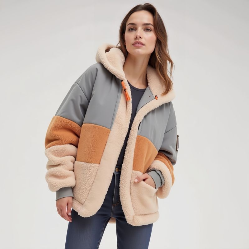 Arctic Blend – Oversized Hooded Fleece Jacket in Beige, Tan, and Grey with Orange Details