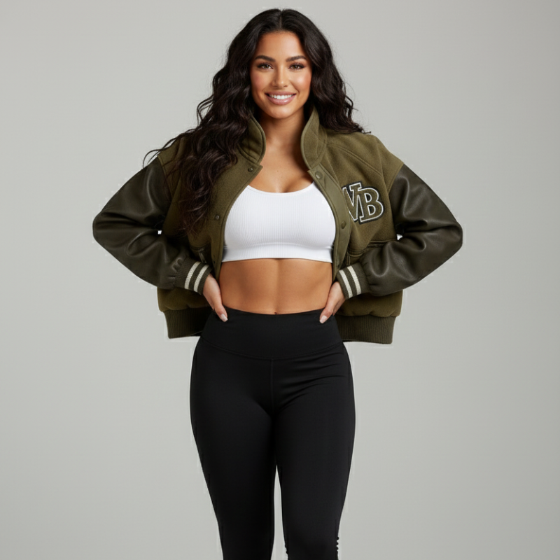 “Gridline WB” – Varsity strutturato con corpo testurizzato e maniche in pelle premium