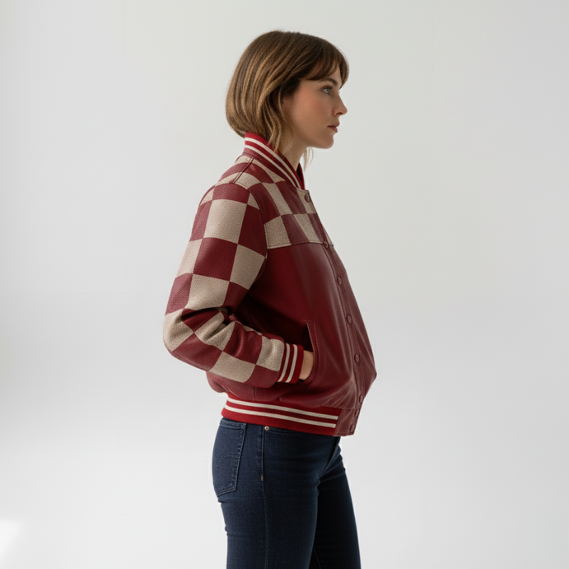 “Gridline Rebel” – Varsity in pelle con stampa checker e taglio sportivo sartoriale