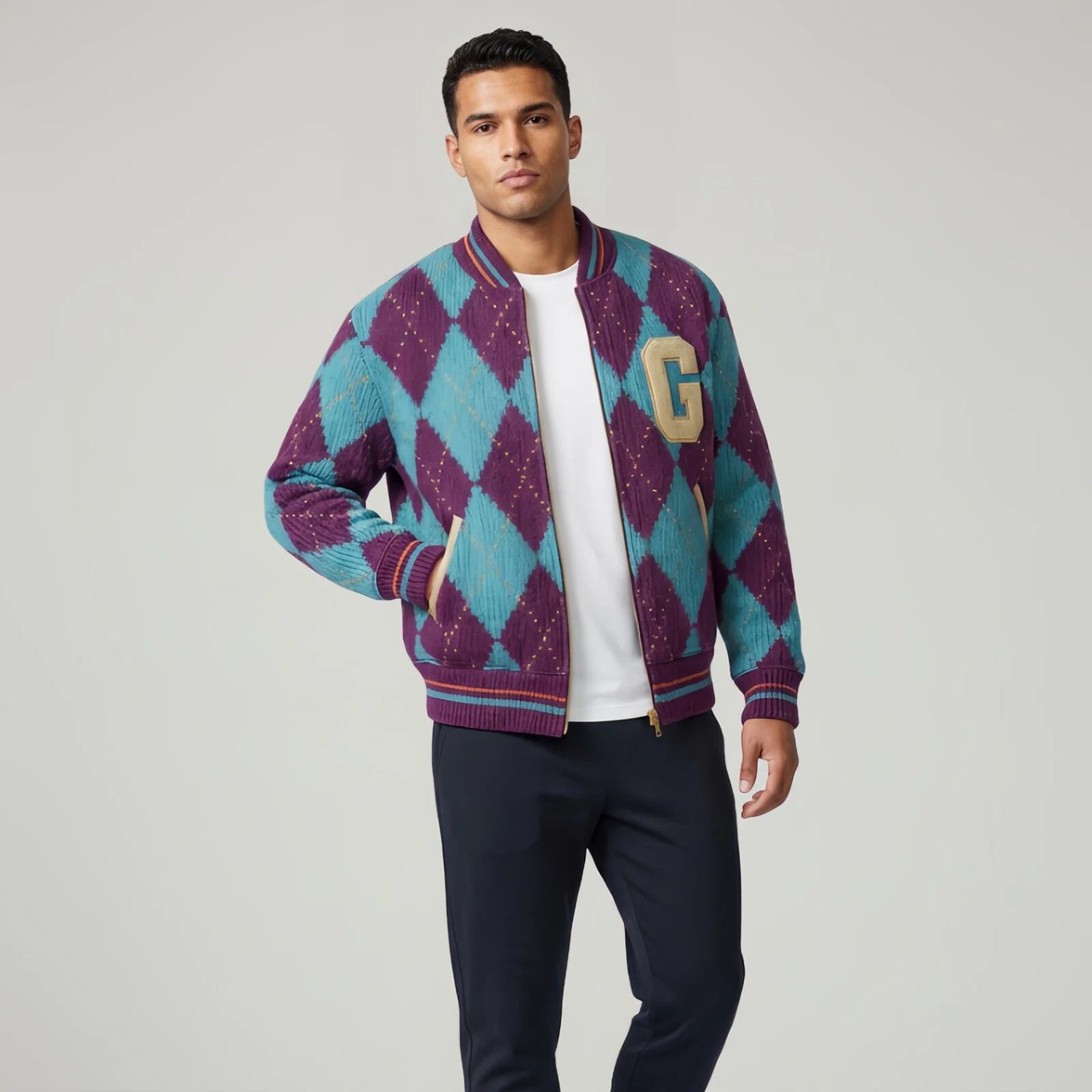 blouson aviateur universitaire en maille jacquard