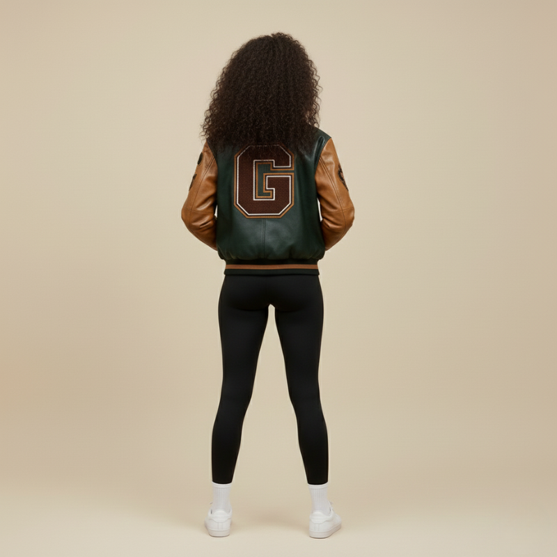 « Heritage Drive » – Veste universitaire en cuir et tissu ornée d'écussons emblématiques