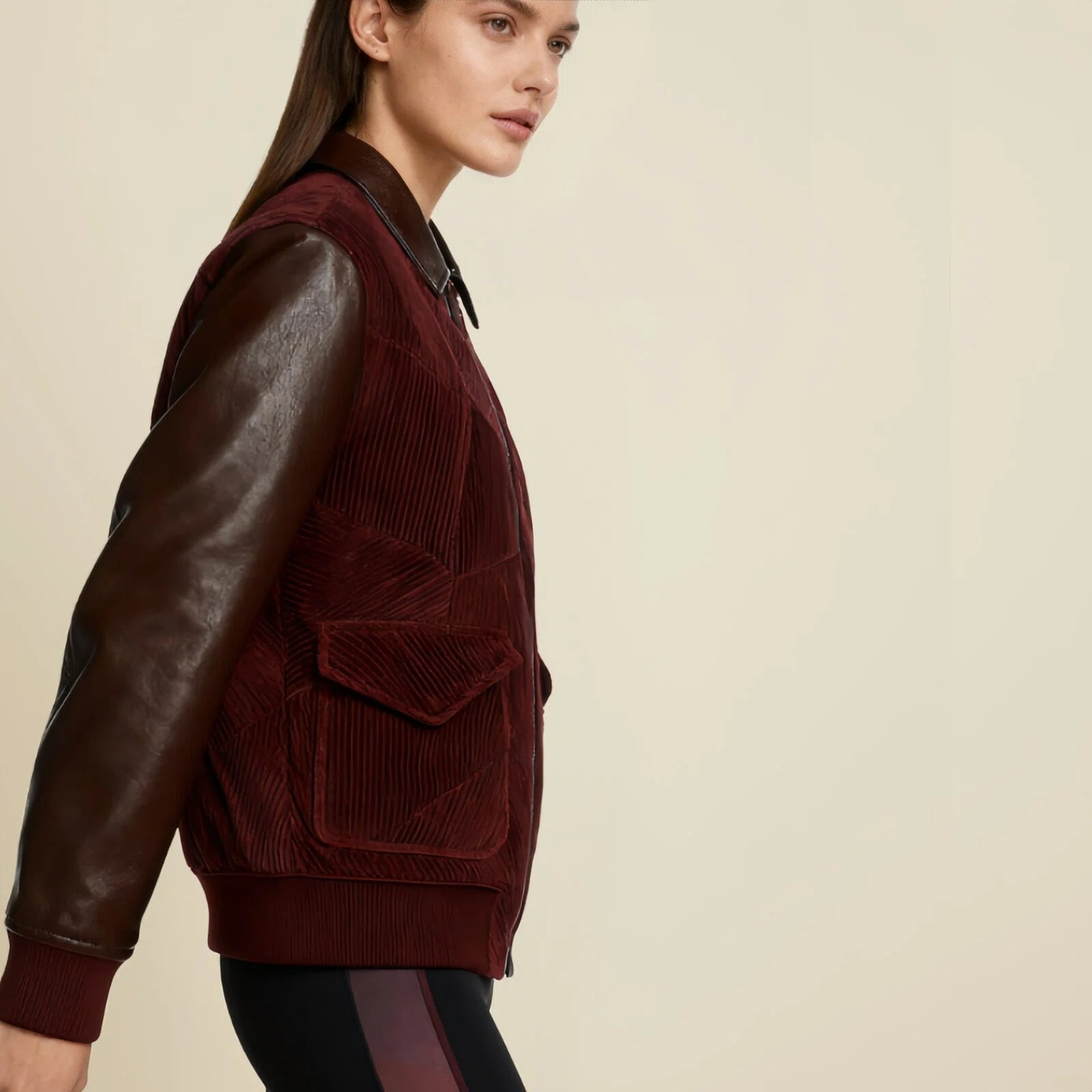 Burgundy Grid – Tailored Full-Grain Leather Bomber Jacket
