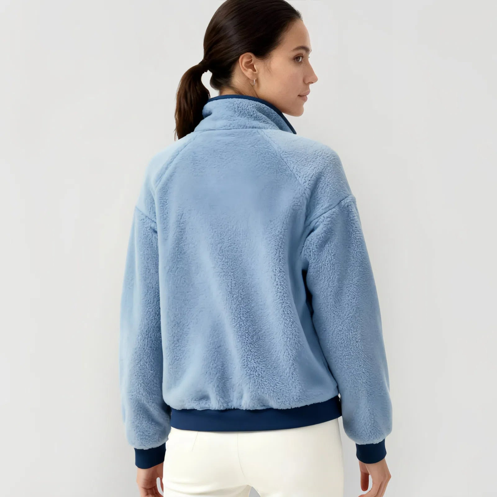 Fjord Sky – Full-Zip Jacket in Light Blue with Midnight Blue Trim and High Collar