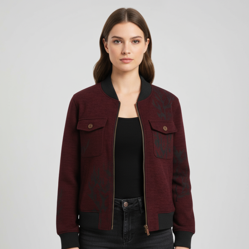 Bordeaux Technical Bomber Jacket with Botanical Motif