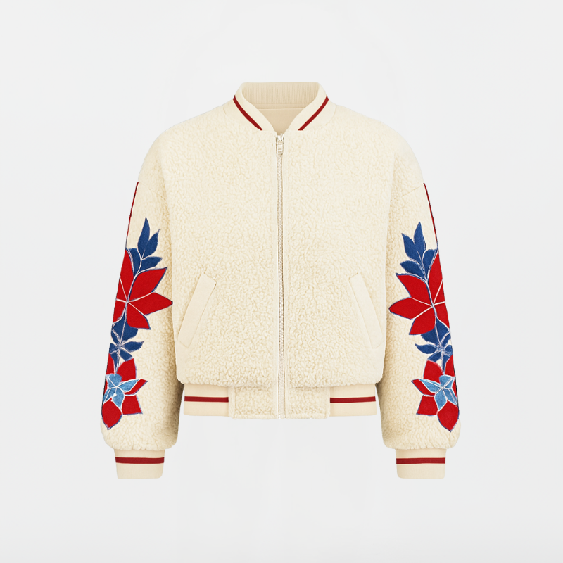 Blossom Shield – Sherpa Bomber Jacket with a Rebel Spirit