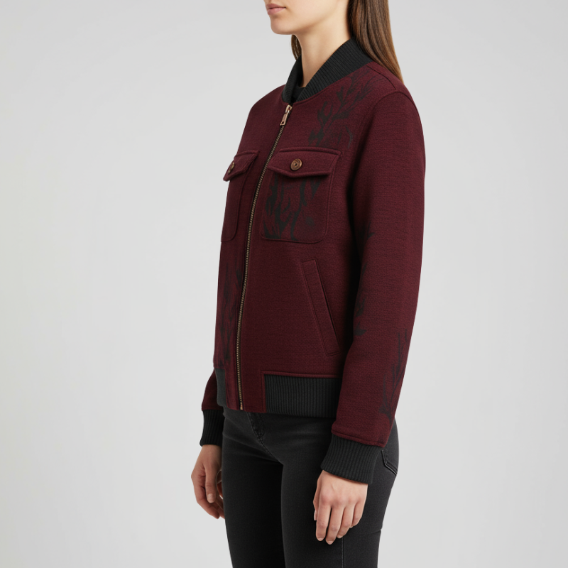Bordeaux Technical Bomber Jacket with Botanical Motif