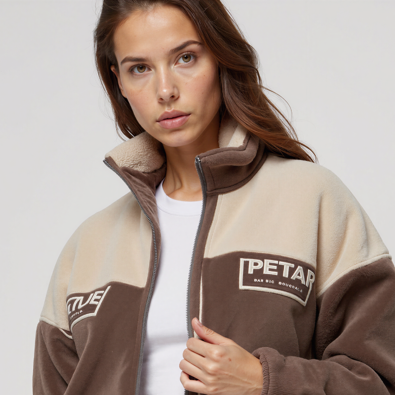 PETAR BAL-AGE Annual – Giacca in Pile Bicolor Beige e Marrone con Zip e Stampa Frontale