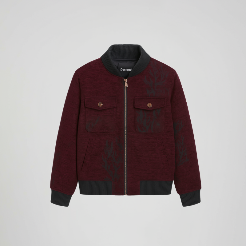 Bordeaux Technical Bomber Jacket with Botanical Motif