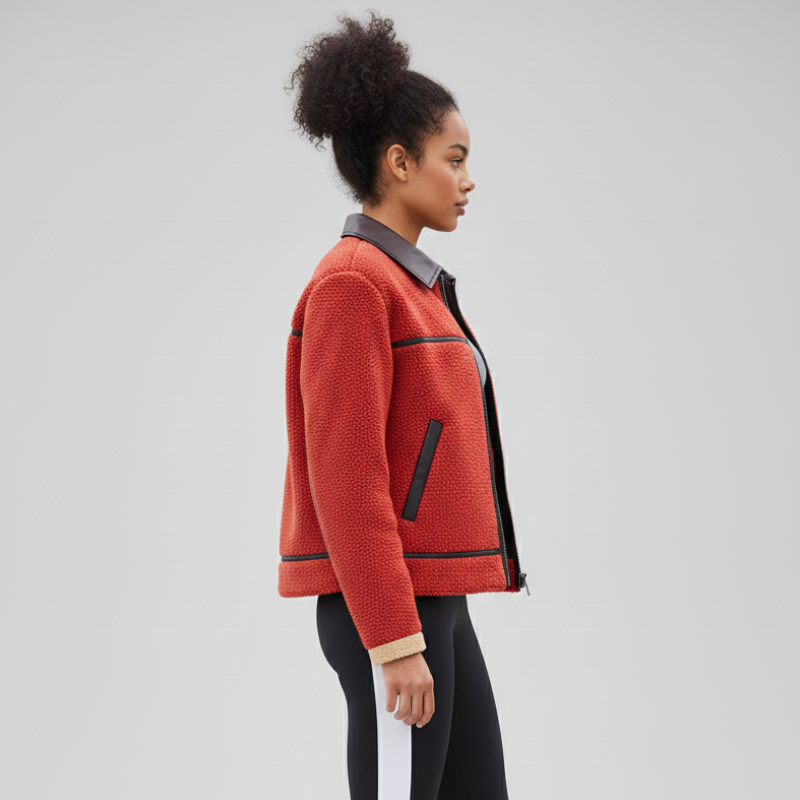 Giacca sportiva in sherpa rosso con dettagli in pelle e finiture sartoriali