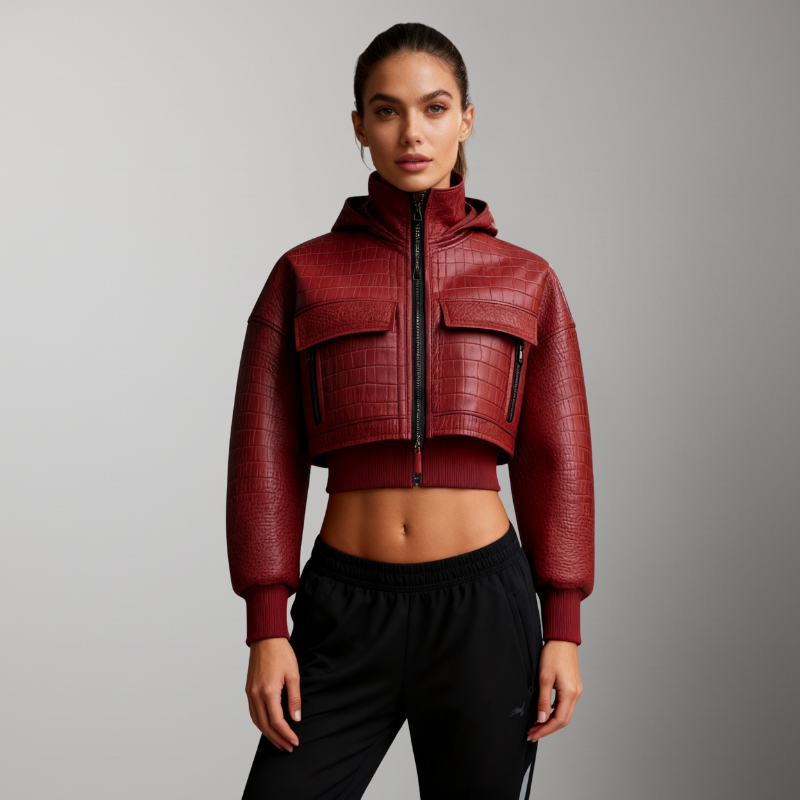 Crimson Croc – Short Leather Bomber Jacket