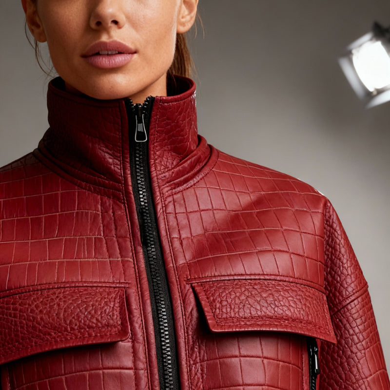 Crimson Croc – Short Leather Bomber Jacket