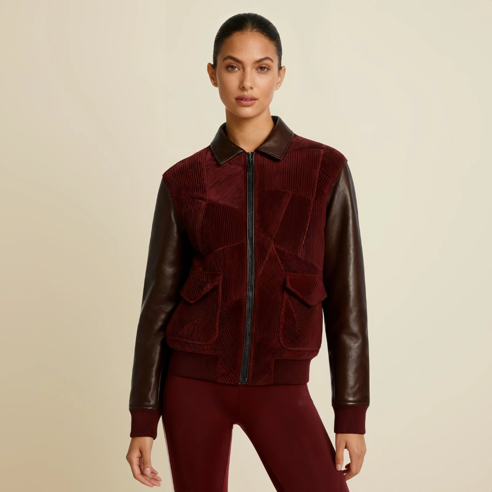 Burgundy Grid – Tailored Full-Grain Leather Bomber Jacket