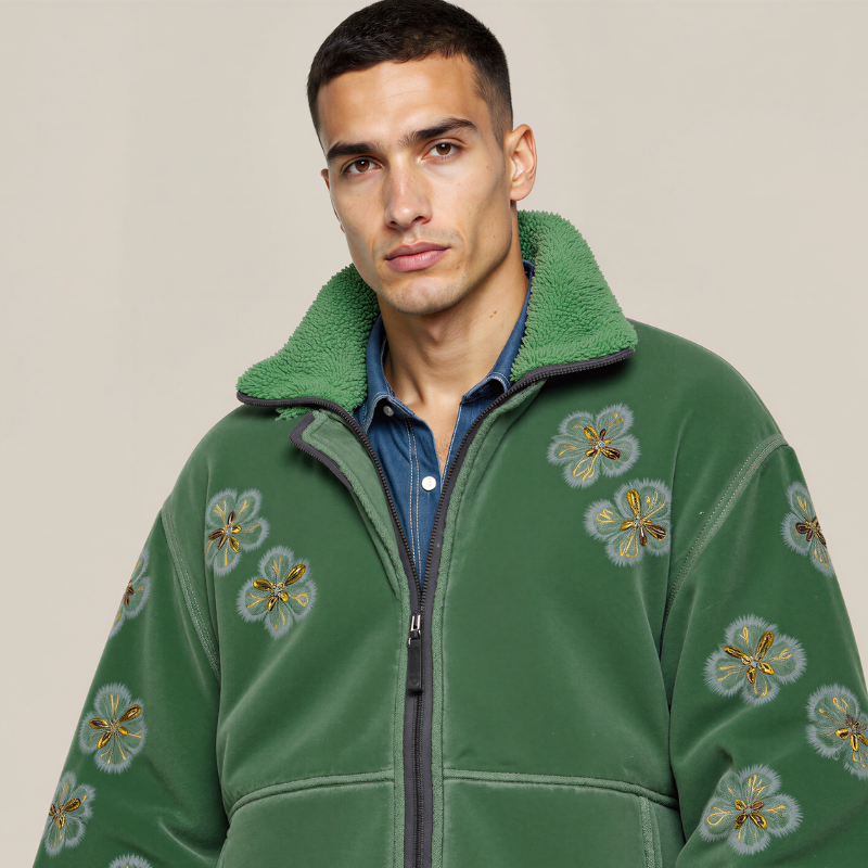 Altai Floral Fleece – Green Technical Jacket with Traditional Mongolian Embroidered Motifs