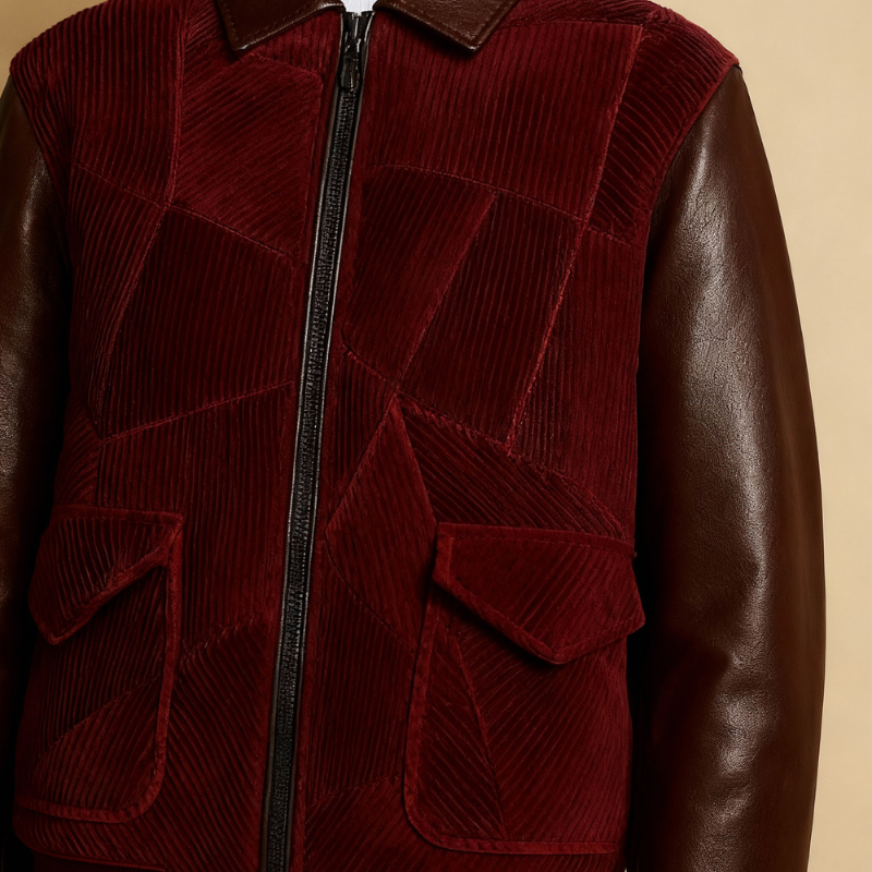 Burgundy Grid – Tailored Full-Grain Leather Bomber Jacket