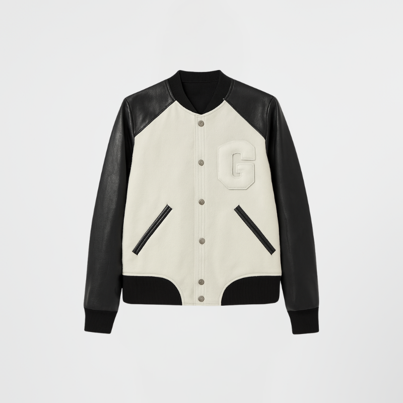 “Letterform Ivory” – Varsity in pelle con corpo crema e dettagli bold