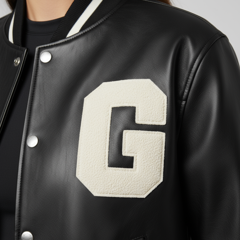 “Graphite Letter” – Varsity in pelle nera con patch bold