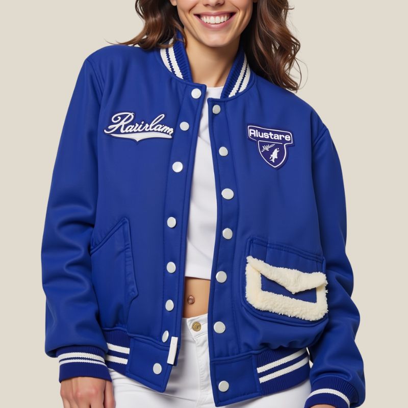 Cobalt Blue Varsity Jacket with White Detailing and Faux Fur Pocket - Iconic Style and Casual Comfort