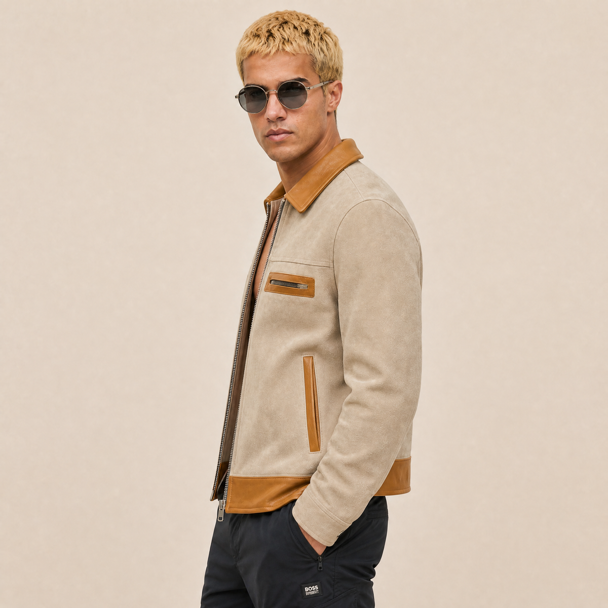 Giacca in Cotone Canvas e Pelle Bovina