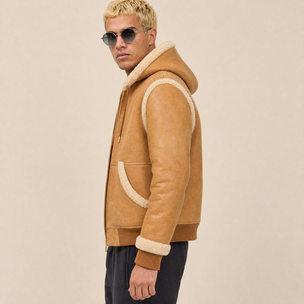 Giacca Bomber in Pelle Scamosciata e Shearling