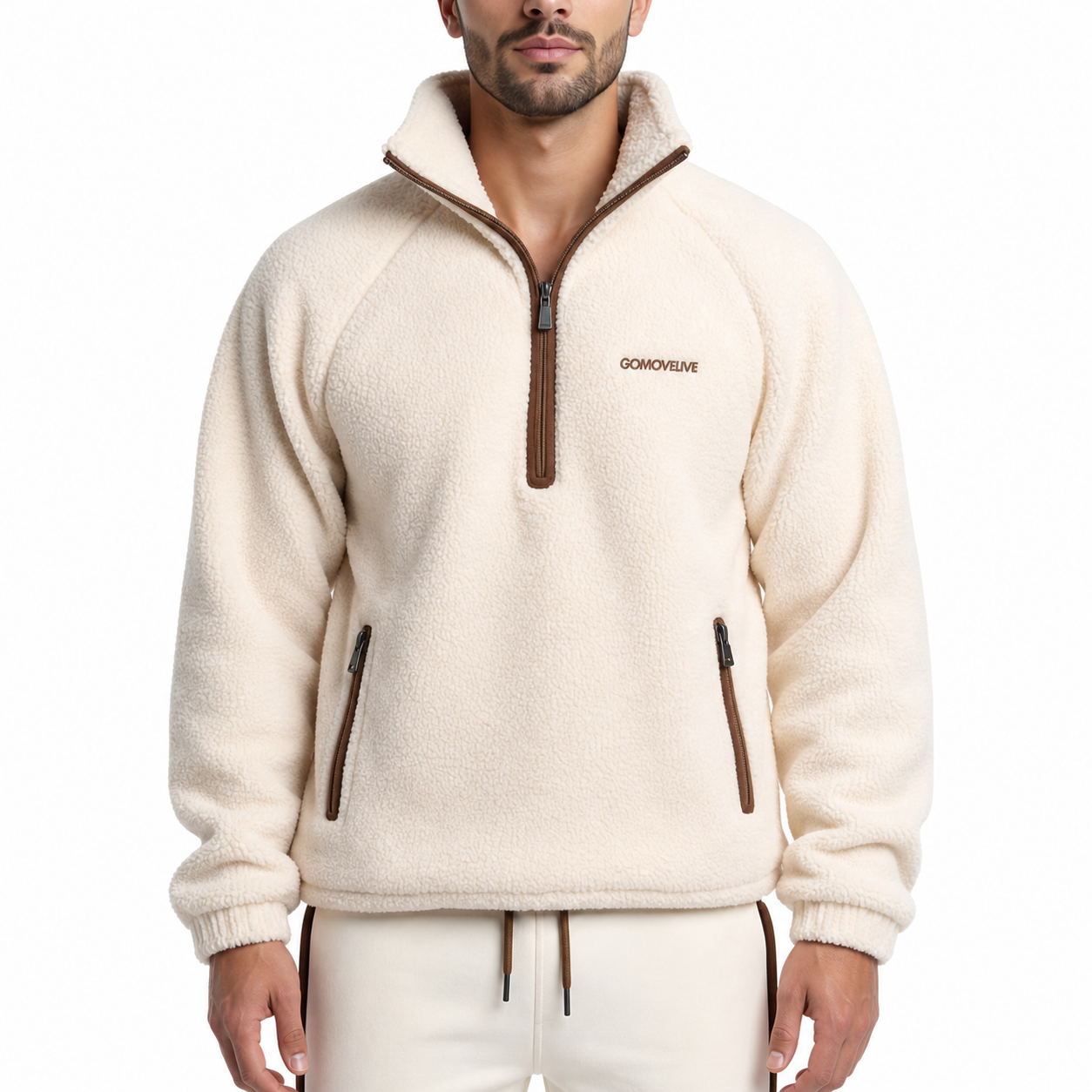 Sierra Cream – Ivory Fleece Pullover with Brown Zip and Side Pockets