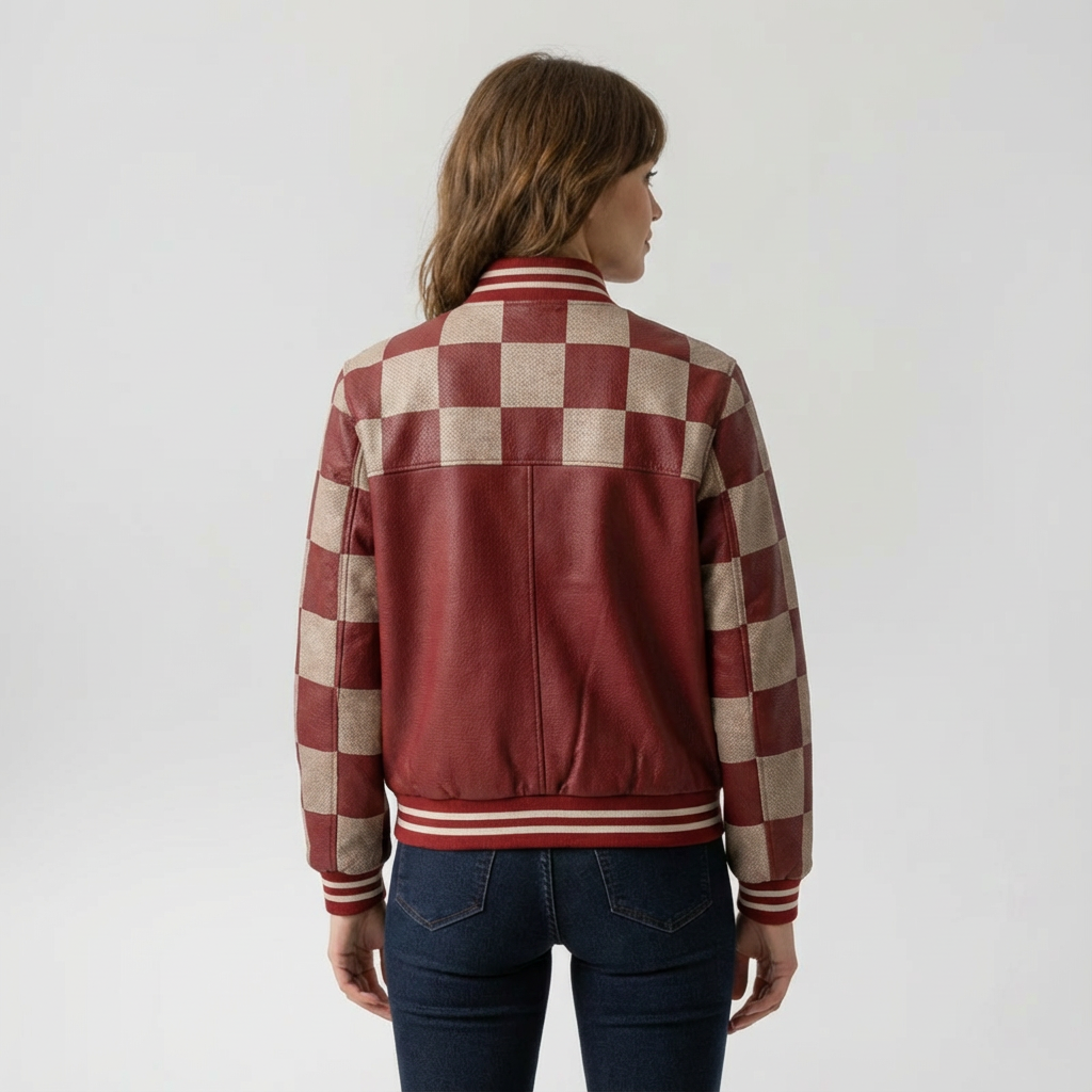 « Gridline Rebel » – Veste universitaire en cuir à carreaux et coupe sportive ajustée