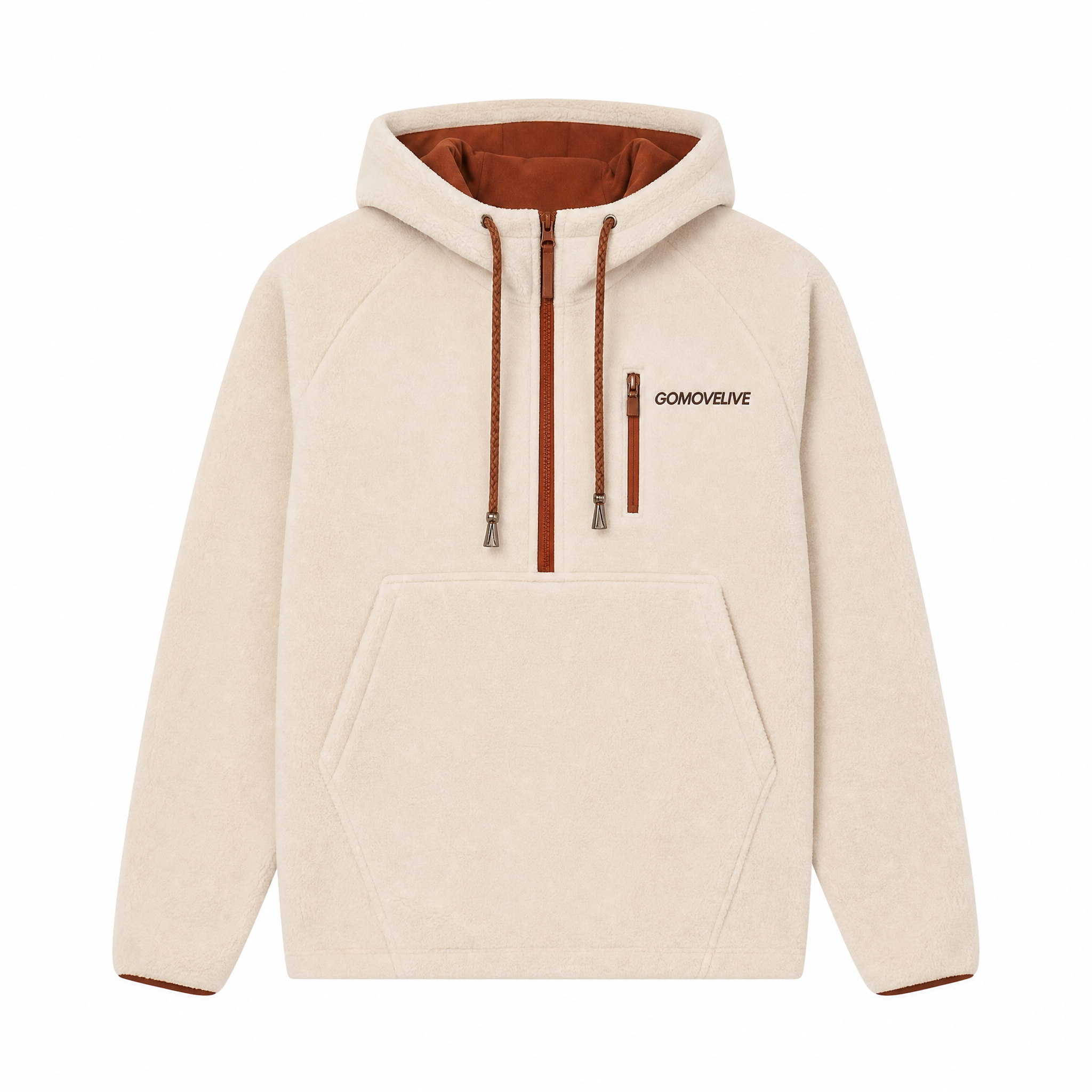 GOMOVELIVE Core – Beige Half-Zip Fleece Pullover with Adjustable Hood